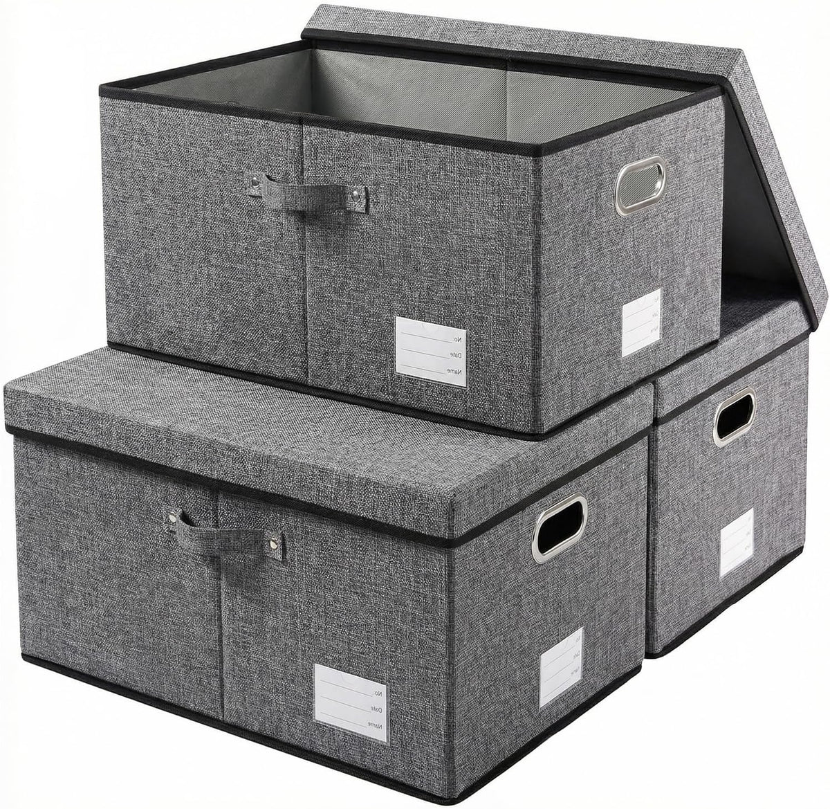 PRANDOM Storage Bins with Lids [3-Pack] Linen Fabric Foldable Storage Boxes Organizer Containers Baskets Cube with Cover for Bedroom Closet Office Grey(23.4X15.9X11.4)