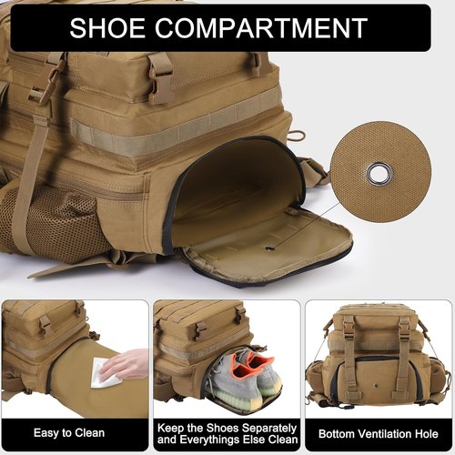 LHI Military Tactical Backpack - 45L Army Assault Pack with Shoe Compartment | Unisex Rucksack