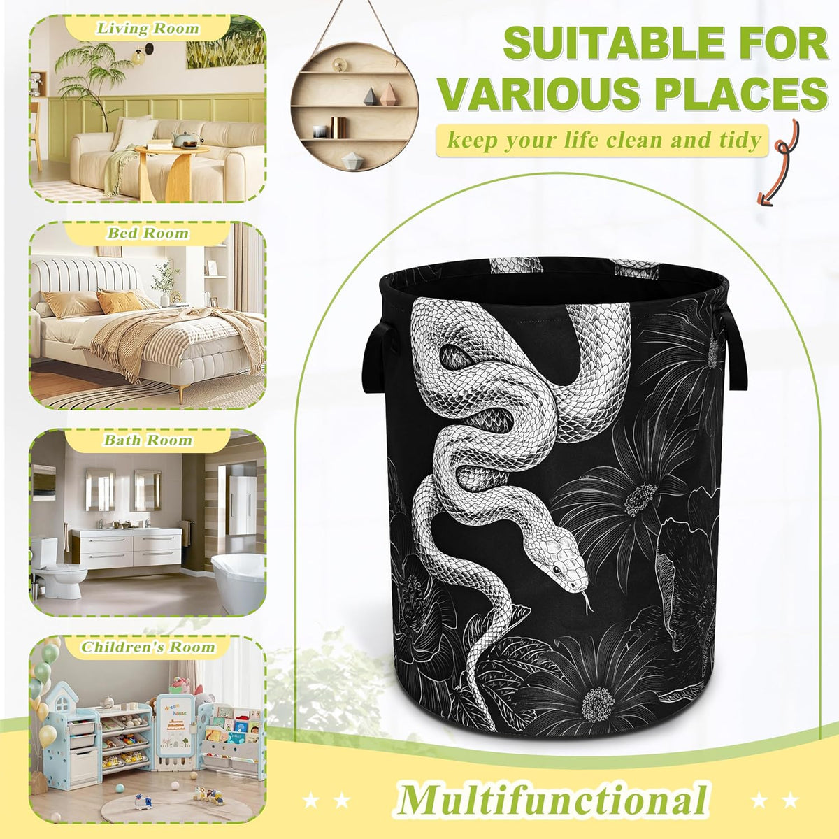 Snake Floral Prints Laundry Basket Foldable Waterproof Hamper 18.9x16.5 In