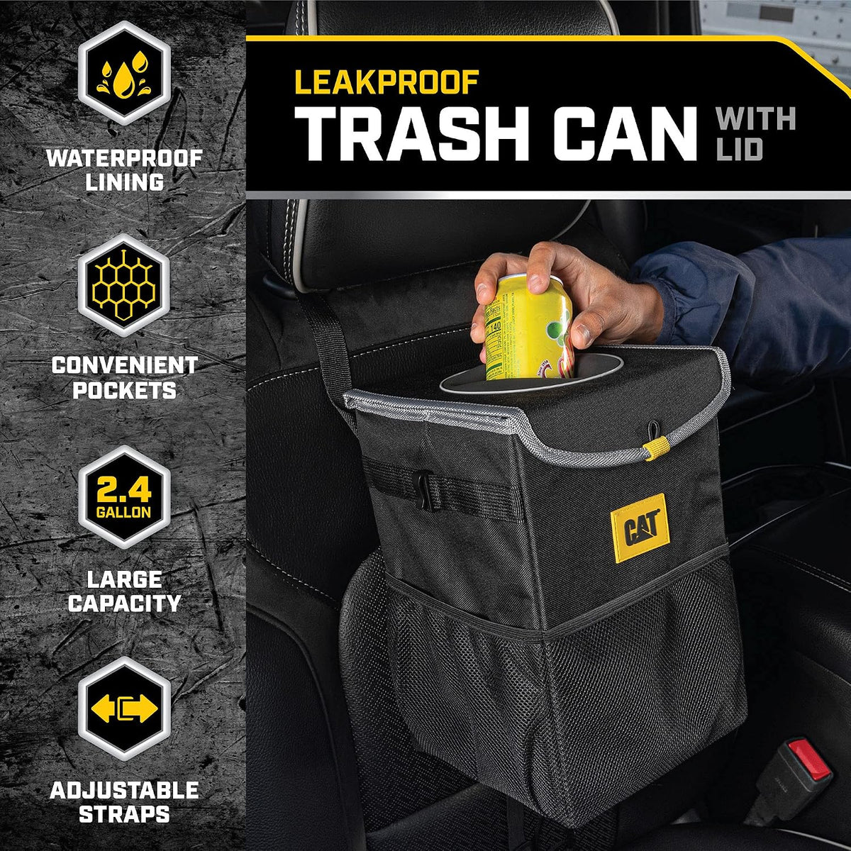CAT® Car Trash Can Organizer with Lid Storage - Leak-Proof Automotive Organizer for Truck, Car, SUV, and Van with Multiple Pockets Expandable Waterproof Garbage Bin for Auto - Black
