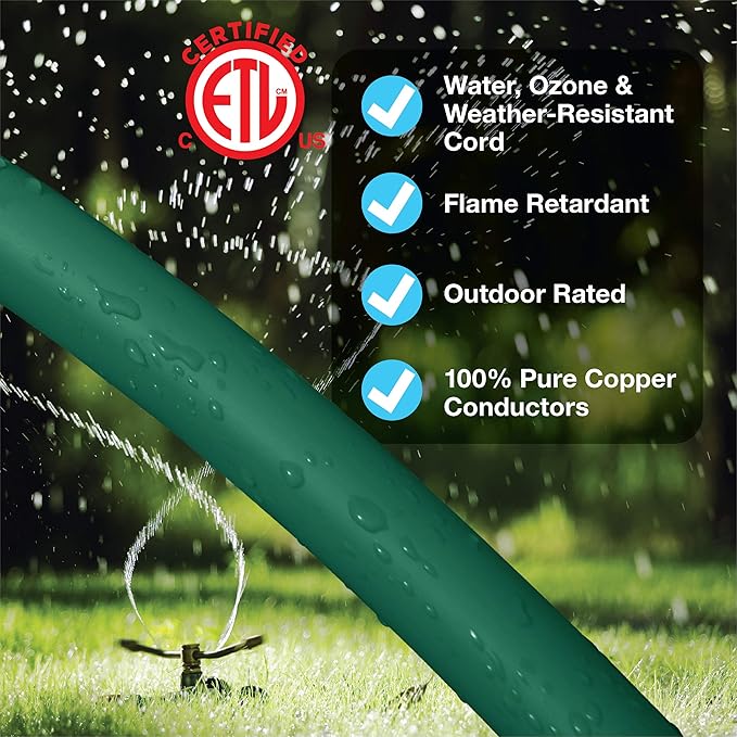Clear Power 80 ft Lawn & Garden Outdoor Extension Cord 16/3 SJTW, Green, Water, Weather Resistant & Flame Retardant, 3 Prong Grounded Plug, for Christmas Lights and Holiday Decorations, CP10202