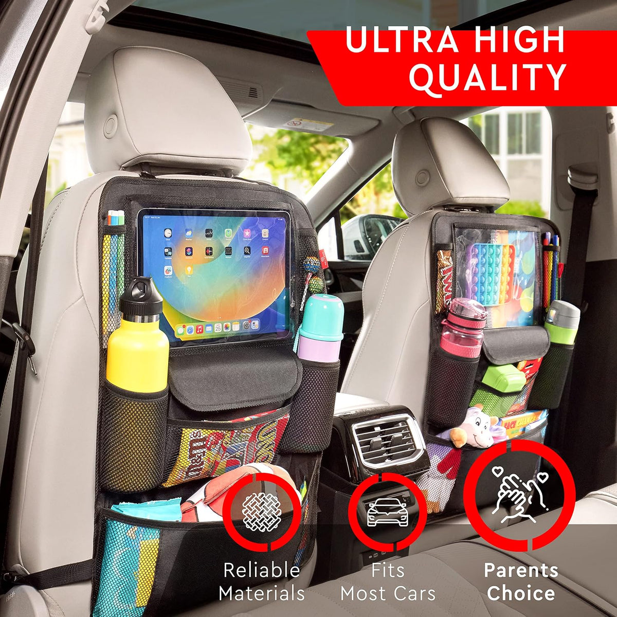 Helteko Car Seat Organizer, Ultra Version Kids Backseat Car Organizers and Storage, Waterproof Back Seat Protector Kick Mats with Tablet Holder 12" Car Accessories Interior, Gray, 2 Pack