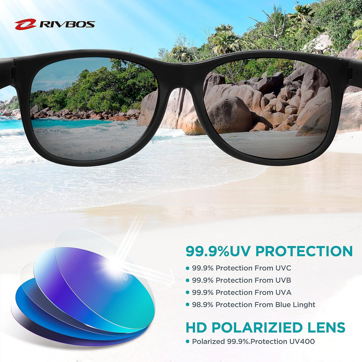 RIVBOS Kids Sunglasses - Polarized UV Protection with Flexible Rubber Strap | Stylish Shades for Boys & Girls