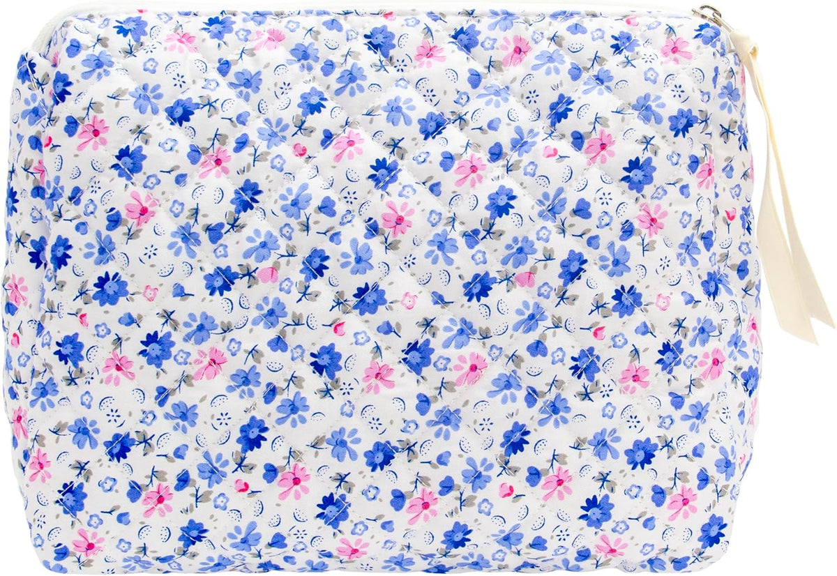 Quilted Makeup Pouch for Women, Travel Cosmetic&Toiletry Bag,Floral Blue