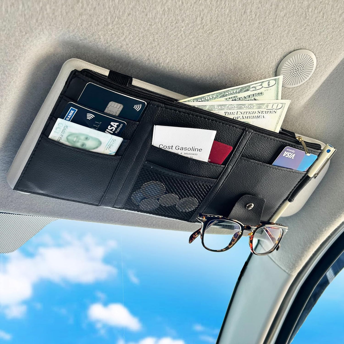 EcoNour Car Sun Visor Organizer (Black) | Multi-Pocket Net Zipper Case