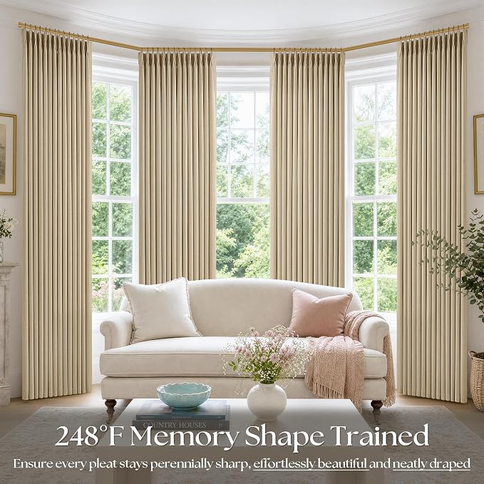 Oatmeal Pinch Pleated Bedroom Curtains 102 Inches Long 4 Panels Set, Memory