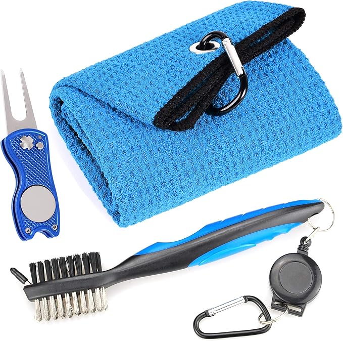 Mile High Life Microfiber Waffle Pattern Golf Towel | Club Groove Cleaner Brush | Foldable Divot Tool with Magnetic Ball Marker (Blue Towel/Brush/Fish Divot)