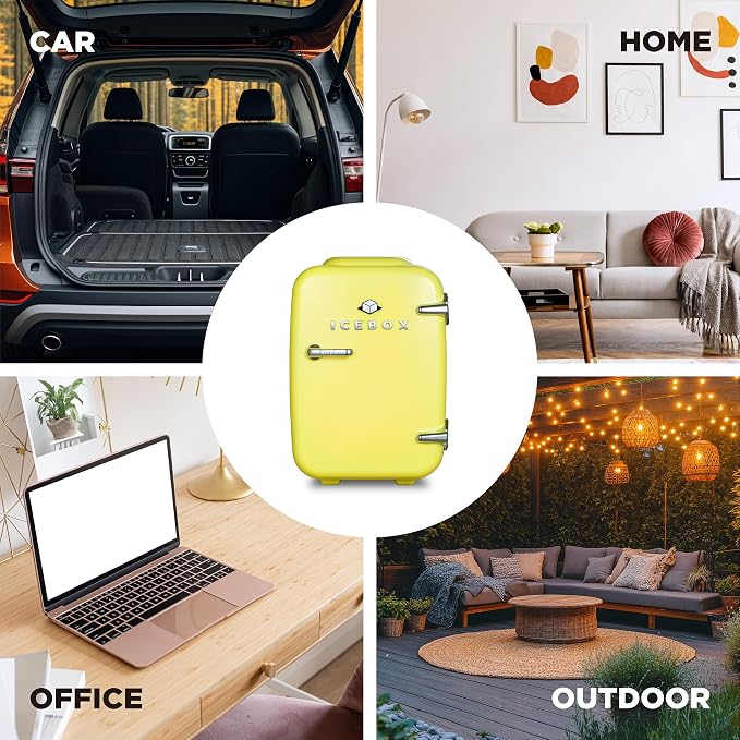 IceBox 4-Liter Mini Fridge Cooler/Warmer, IBMF4SUN, Sun Yellow | Portable Refrigerator Holds 6 Cans, Compact for Skincare, Beverages and Food, Includes 120V AC and 12V Car Adapters