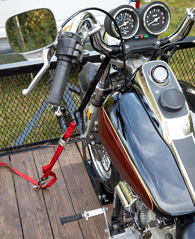 Camco Motorcycle Wheel Chock for Trailer - Includes Handlebar Straps & Mounting Hardware - Keep Your Motorcycle Upright During Transit - Mountable to Trailer or Truck Bed - Universal Tire Fit (66100)