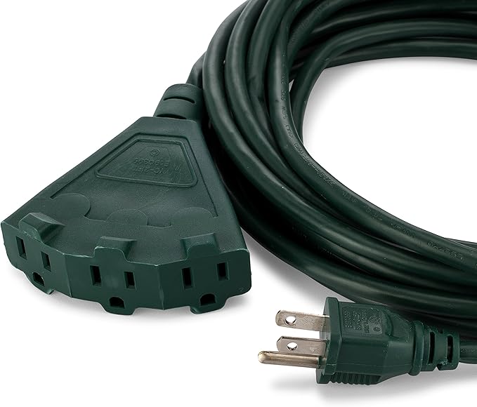 Holiday Lighting Outlet 25-Foot Green Extension Cord, 3-Prong Indoor & Outdoor Splitter, Perfect for Landscape Lighting