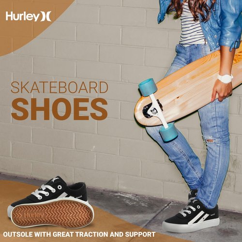 Hurley Boardy Lace-up Skateboard Shoe - Low top Lace-up Sneaker - Fashionable Skater Shoe for Boys & Girls - Lightweight Classic Casual Kids Skates Black White
