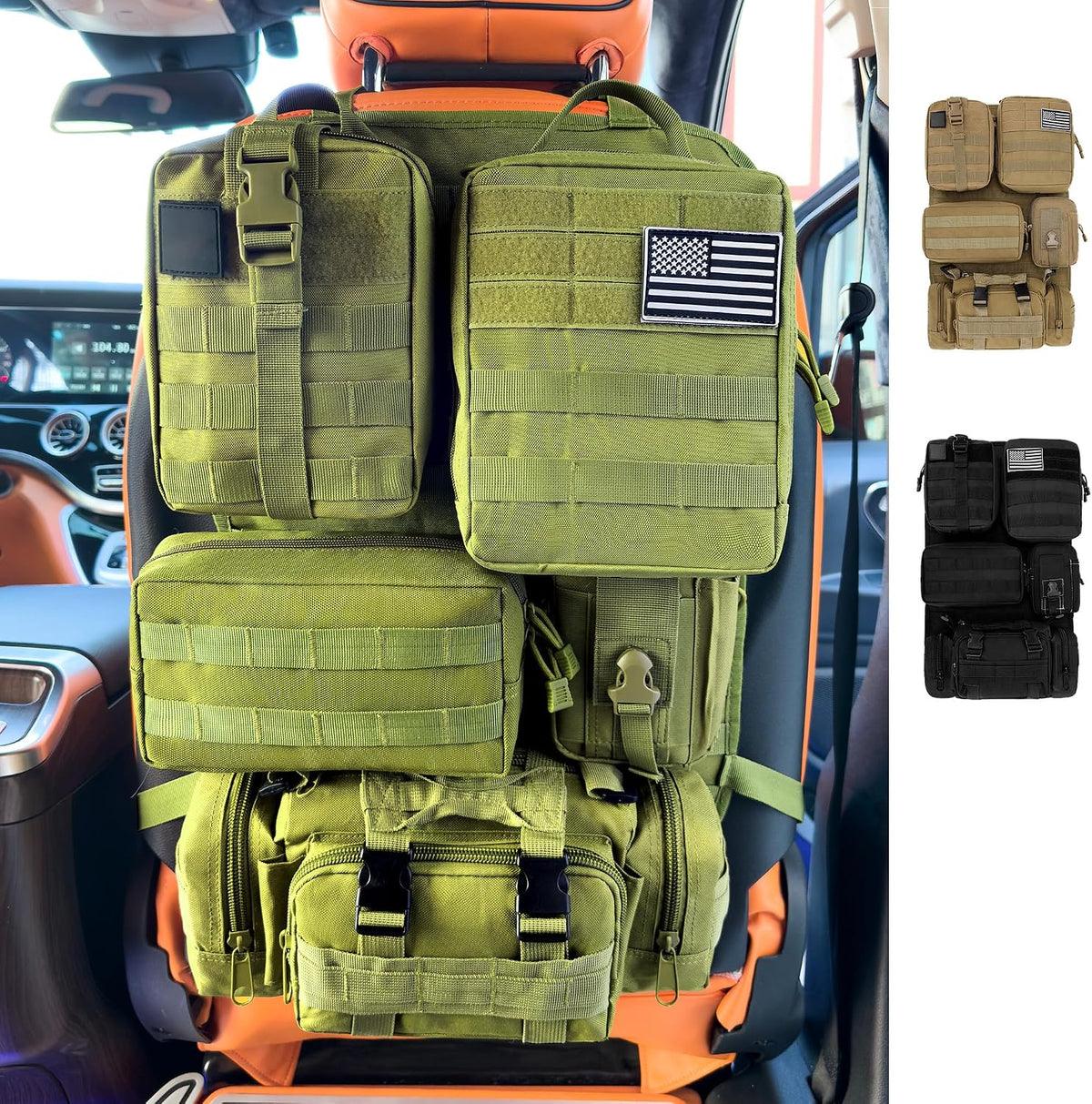 6 Pack Tactical MOLLE Car Seat Back Organizer - Universal Vehicle Storage Bag with 5 Detachable MOLLE Pouches, US Flag Patch & Keychain, Fits Jeep, Truck, SUV, Car, (Grenn)