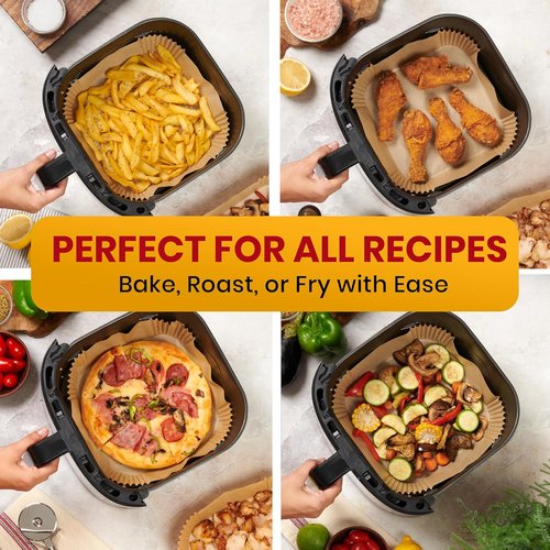 Baker's Signature Air Fryer Paper Liners - 125 Pcs Non-Stick & Oil Proof | 8” Square for 5-8 Qt Baskets