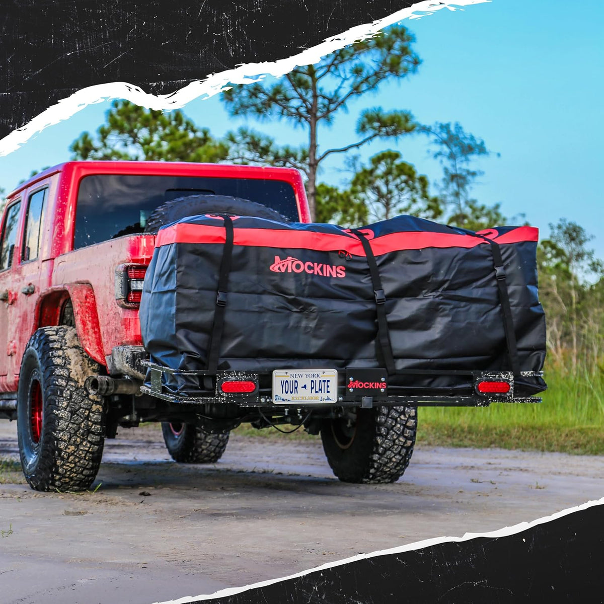 Mockins 70"x30"x6" XXL Folding Trailer Hitch Cargo Carrier w/ 500 Lbs. Cap | Luggage Rack for SUV Car Truck & RV w/ 40 CuFt Waterproof Cargo Bag for Hitch Carrier | Includes Rear Lights & Plate Bracket