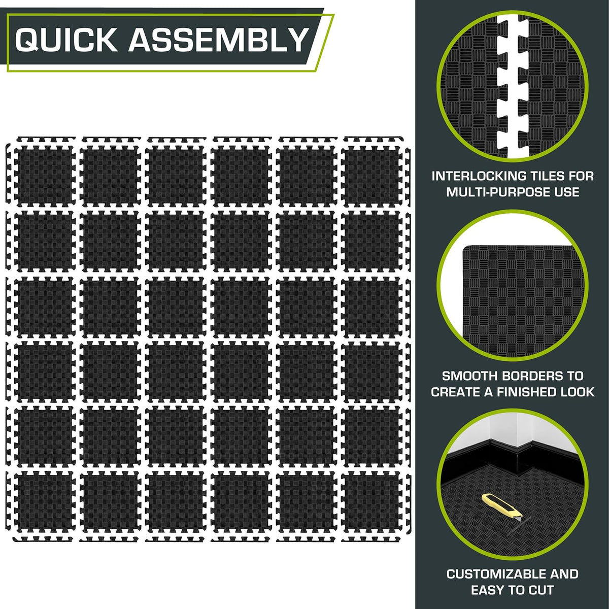 ProsourceFit Exercise Puzzle Mat - Non-Slip EVA Foam Gym Tiles | ½-Inch Thick, 36 Sq Ft, Black, 36 Pieces