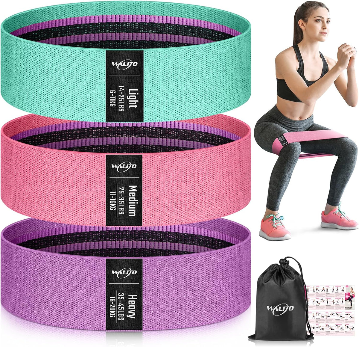 WALITO Resistance Bands - Fabric Exercise Bands for Legs & Butt - Ideal for Yoga, Pilates & Home Workouts