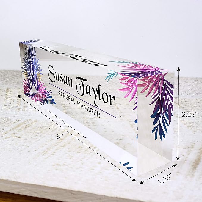 Artblox Office Desk Name Plate Personalized | Custom Name Plates for Desks | Leaf Purple Design On Clear Acrylic Glass | Office Desk Decor - (8" x 2.5")
