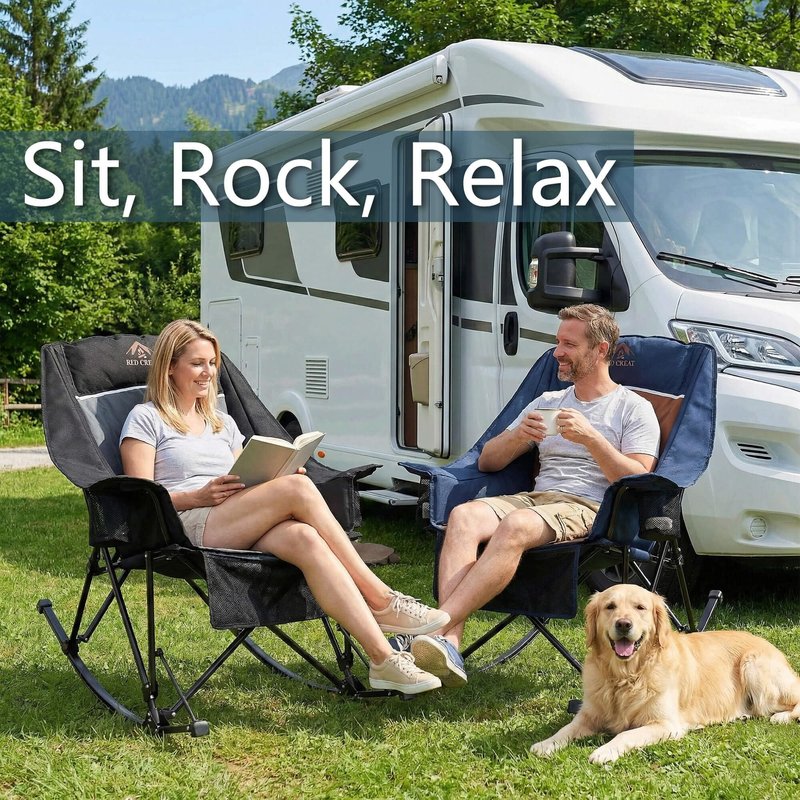 RED CREAT 400lbs Rocking Camping Chair, Oversized Heavy Duty XL Folding Rocker for Adults, Padded High Back Big & Tall Support, with Cup Holders & Carry Bag for RV, Lawn, Patio & Sports