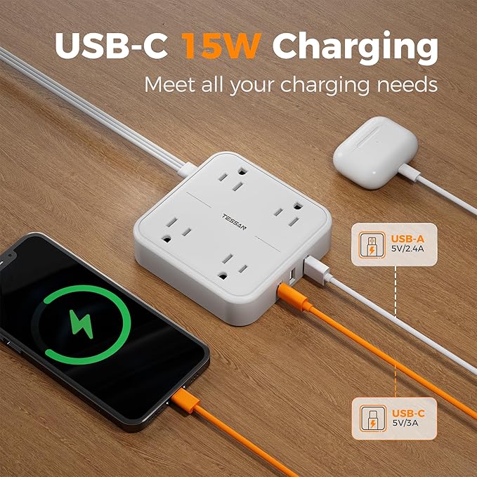 TESSAN Surge Protector Flat Extension Cord 5Ft, Flat Plug Power Strip with 4 Outlets 3 USB Ports (1 USB C), 900 Joules Protection, Multiple Wall Outlet Extender Suitable for Home Office Dorm, White