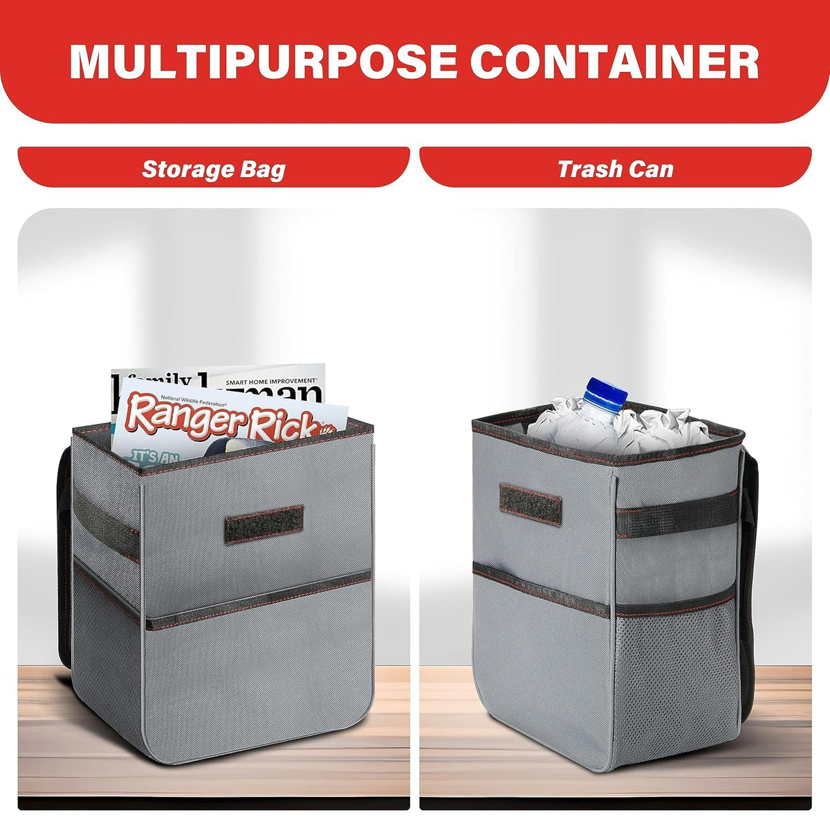 Simple Deluxe 2 Gallon Car Trash Can, Collapsible Adjustable Straps and Portable Organizer, Multipurpose Bin with Lid and Storage Pockets, Grey