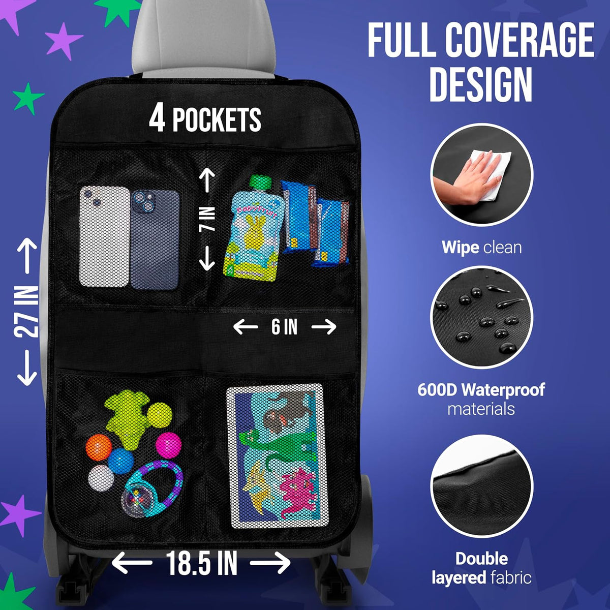 Todays Kids 2 Pack Kick Mats Back Seat Protector - Backseat Car Organizer for Kids, Car Storage Organizer, Back Seat Cars Organizers, Cars Organizers Backs Seats, Travel Accessories, 4 Pockets