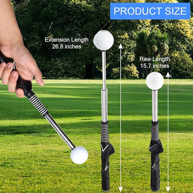 Retractable Golf Swing Trainer - Golf Swing Training Aid, Non-Slip Golf Grip Trainer, Strength & Tempo Training, Golf Alignment Sticks & Arm Band, Indoor Outdoor Golf Swing Practice