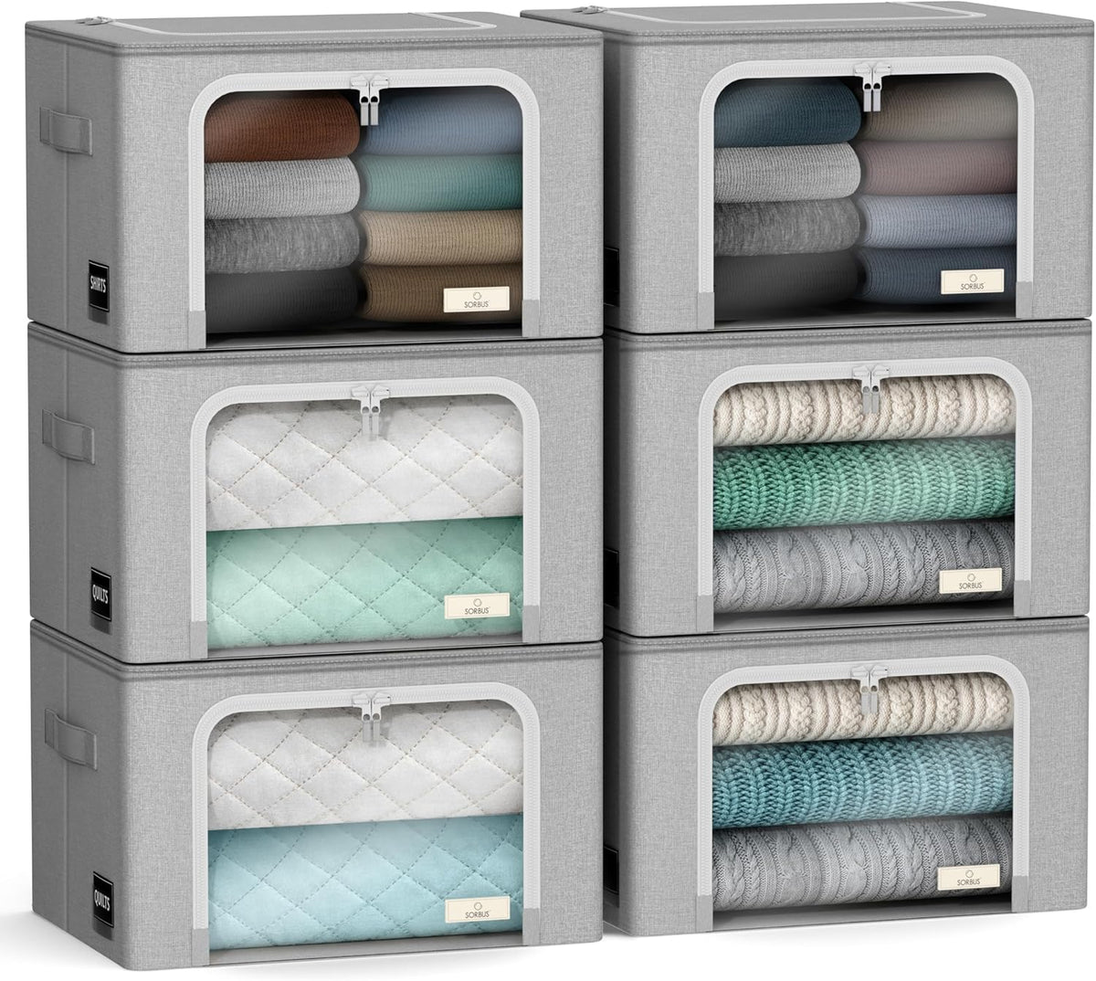 Sorbus Storage Bins with Metal Frame - Stackable & Foldable Clothes Organizer Bags - Oxford Fabric Storage Containers with Large Clear Window & Carry Handles Organization for Bedding Linen & Clothing
