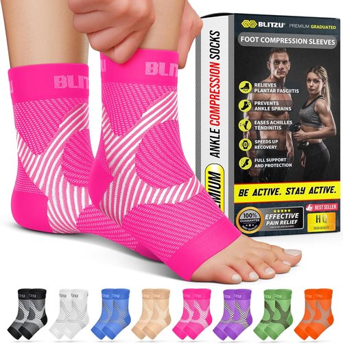 BLITZU Compression Socks - Plantar Fasciitis & Achilles Tendonitis Relief | Ankle Brace with Arch Support, Pink L-XL
