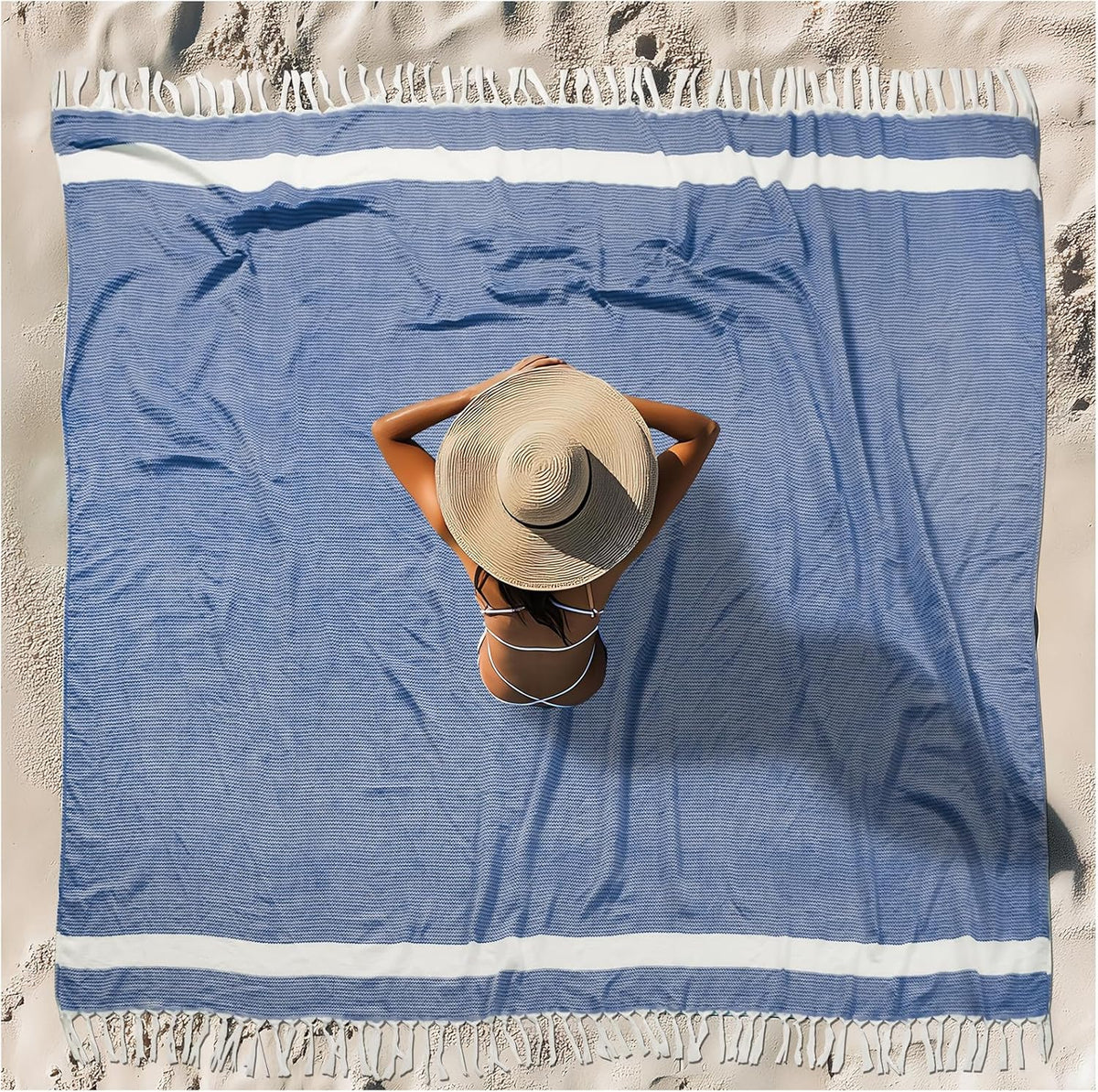 Skiennix Oversized Turkish Beach Towel - XXL Cotton Sandproof Blanket | Boho Woven Design in Blue