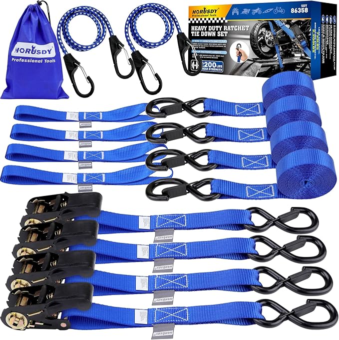 Ratchet Straps Heavy Duty, Tie Down Straps Ratchet Set, 2200 LB Break Strength, Safety Lock S Hooks, Best for Moving, Securing Cargo, Kayaks, Mountain (4 Pack)