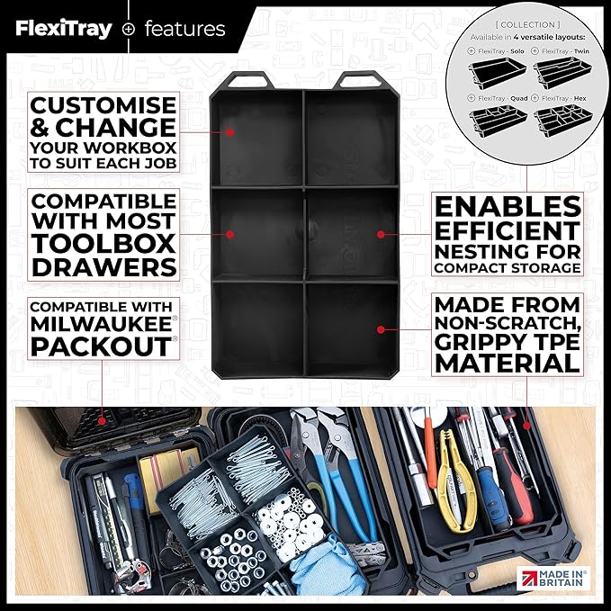 StealthMounts Six FlexiTray | Flexible Tool Trays Compatible with Milwaukee PACKOUT | Organiser for Tools, Nuts, Bolts & Parts | Workshop, Garage & Van Storage | Made in The UK