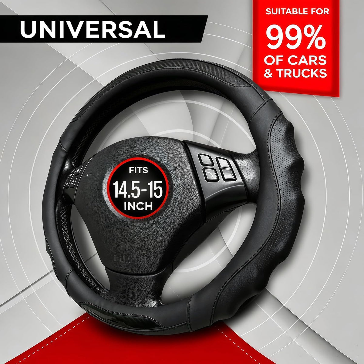 Leather Car Steering Wheel Cover, 14.5-15Inch Anti-Slip Steering Wheel Cover, Universal for Cars Truck SUV, Car Accessories (Black - Black line)