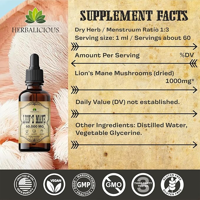 Lion’s Mane Liquid Mushroom Supplement – Premium Mushroom Extract Brain Supplement for Memory Focus, Clarity and Nerve Support – Non-Gluten and Non-GMO Supplement Lions Mane 2 Fl Oz