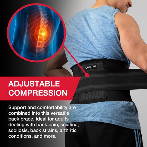 MUELLER Sports Medicine Adjustable Back Brace, Ideal for Upper and Lower Back Pain, Relief & Support for Men and Women, Strains, Sciatica, Scoliosis, Black, Small