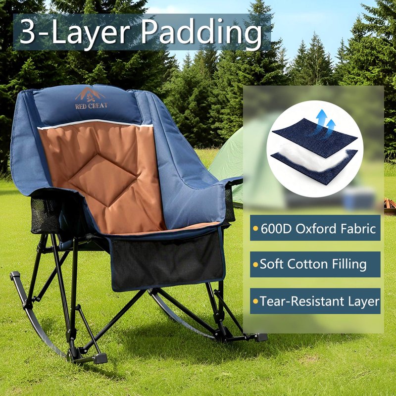 RED CREAT 400lbs Rocking Camping Chair, Oversized Heavy Duty XL Folding Rocker for Adults, Padded High Back Big & Tall Support, with Cup Holders & Carry Bag for RV, Lawn, Patio & Sports