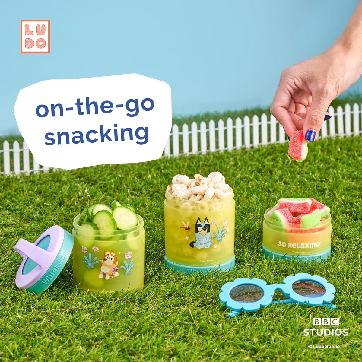Whiskware Bluey Stackable Snack Containers for Babies, Toddlers, and Kids, Durable Food Storage Containers for Daycare, Car, and Airplane Travel, Formula Friendly, Bluey and Bingo (Pack of 2)