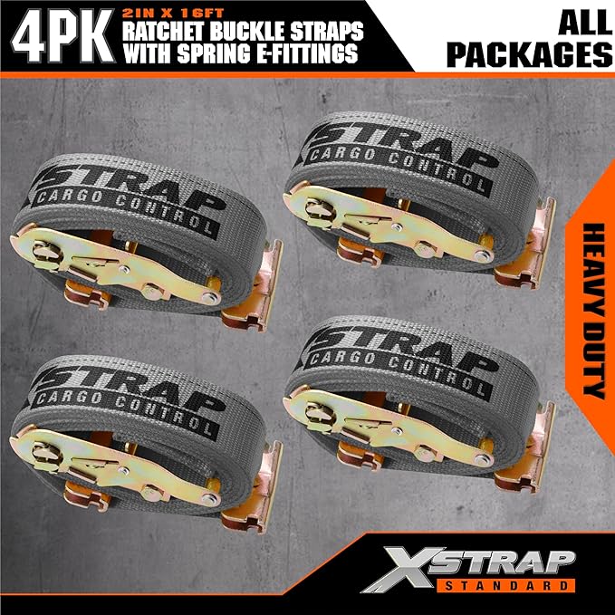 XSTRAP STANDARD E-Track Ratchet Straps, 4 Pack 2" x16' Heavy Duty Cargo Tie-Downs, 4400LBS Breaking Strength, Standard E Track Fitting Tie Down Ratcheting Strap for Cargo Vans, Trucks, Trailers (Grey)