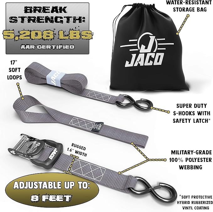 JACO Heavy Duty Ratchet Straps - 1.6 inch x 8 ft (Pack of 4) | Tie Down Kit with Soft Loops - 5,208 lbs (Grey)