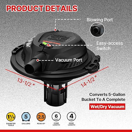 Shop-Vac 2.5 Peak HP Wet/Dry Vac Bucket Head, Fits 5 Gallon Bucket (Sold Separately), Portable Shop Vacuum, 1.25 Inch Diameter x 4 Foot Hose, 6 Foot Cord, Ideal for Jobsite, Garage, Workshop & Home