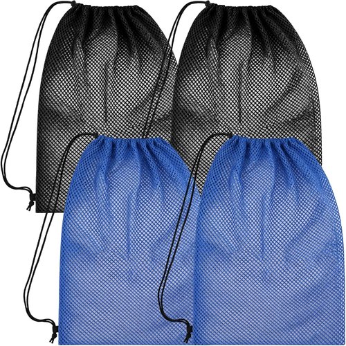4Pcs Mesh Gear Bag - Large 19" x 27" Snorkel & Swim Backpack | Durable Polyester for Beach & Sports (Black & Blue)