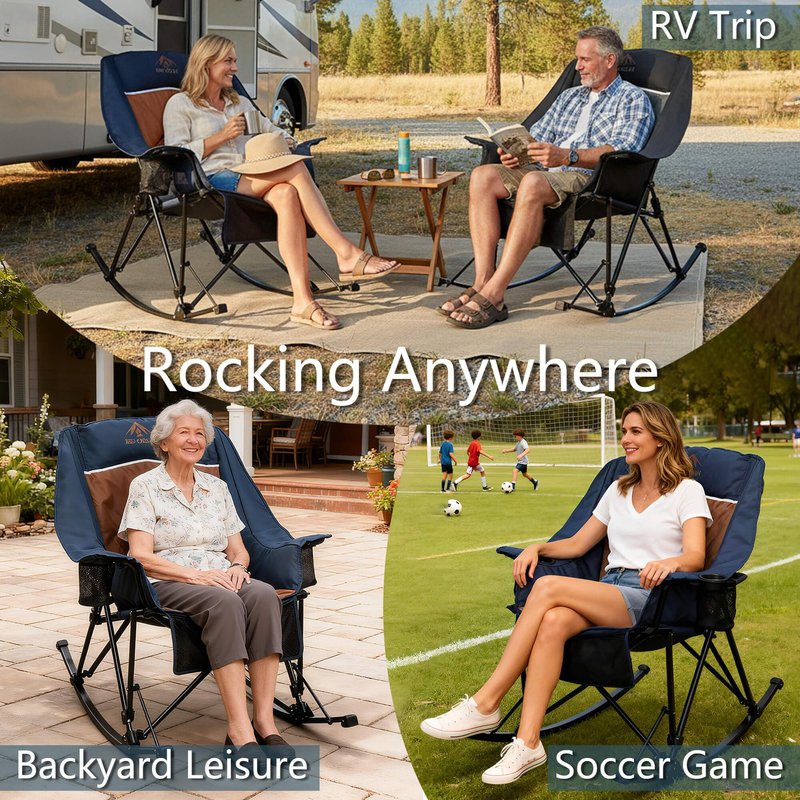 RED CREAT 400lbs Rocking Camping Chair, Oversized Heavy Duty XL Folding Rocker for Adults, Padded High Back Big & Tall Support, with Cup Holders & Carry Bag for RV, Lawn, Patio & Sports