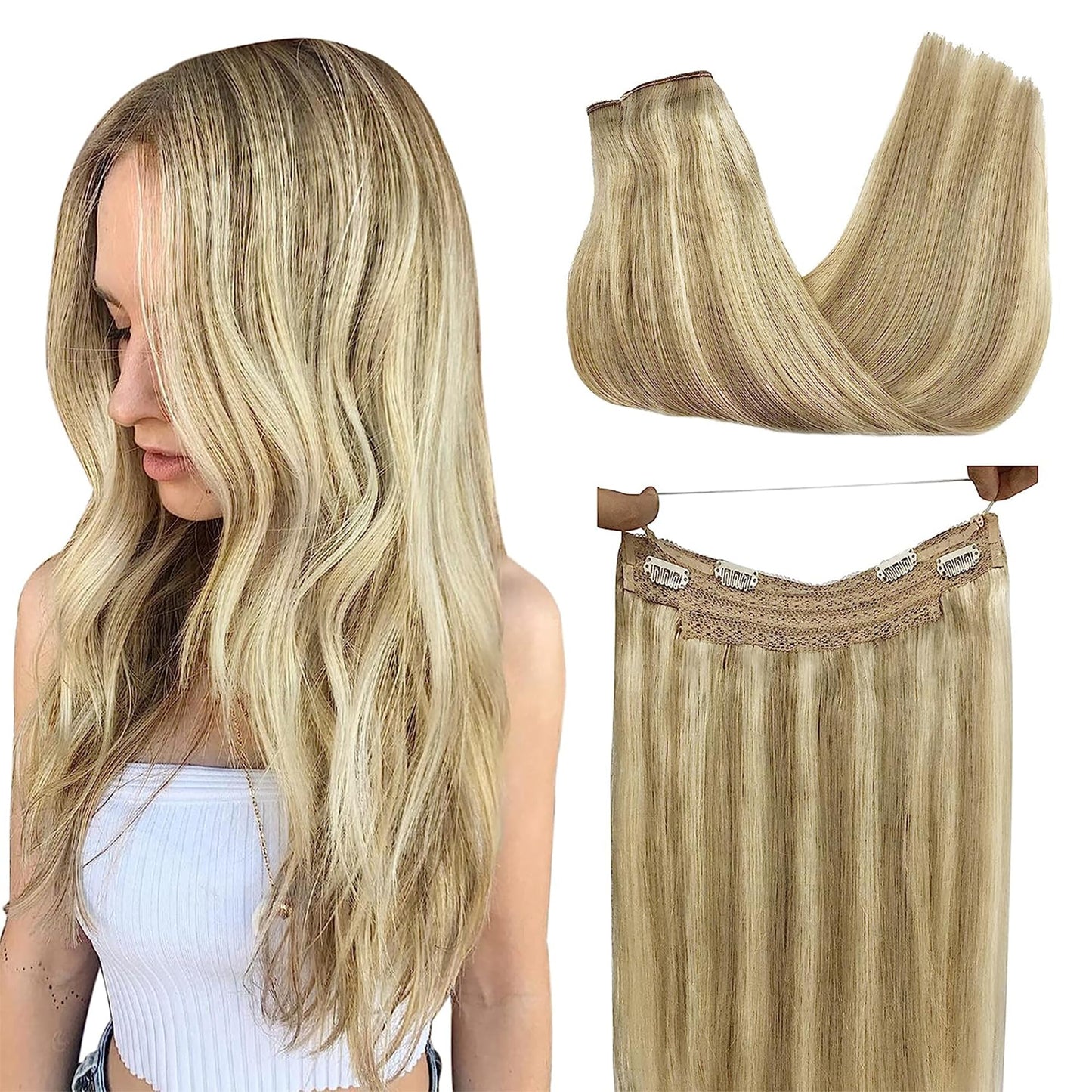 Goo Goo Wire Hair Extensions Human Hair, 16/22 Light Blondewith Mix Golden Blonde Highlighted 14Inch 75G, Invisible Wire Hair Ex
