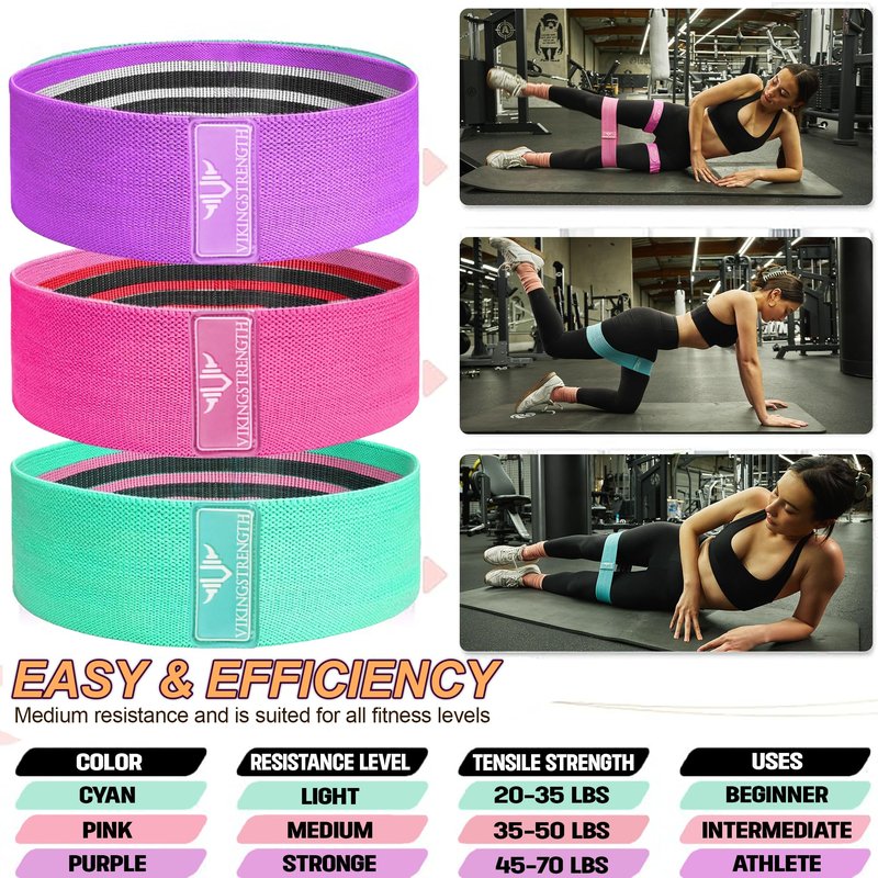 Vikingstrength Booty Bands, Resistance Bands, 3 Levels Exercise Workout Elastic Bands for Legs and Butt, Non-Slip Glute Hip Thigh Band, Booty Bands for Woman Gym Work Out + V-Strength Workout App