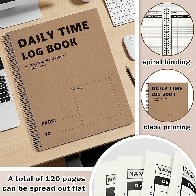 3 Pcs Daily Time Sheet Log Book Spiral 120 Pages 8.5x11 Inch Binder Work Hours