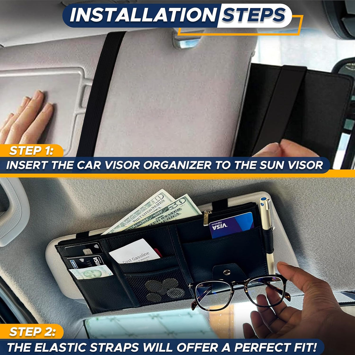EcoNour Car Sun Visor Organizer (Black) | Multi-Pocket Net Zipper Case