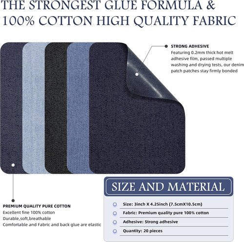 KING MOUNTAIN Iron-On Repair Patches - 20 Pack Denim Patches for Jeans | 3" x 4.25", 100% Cotton
