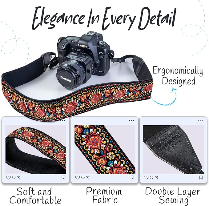 Art Tribute Camera Strap, Vintage Embroidered Neck Shoulder & Crossbody Camera