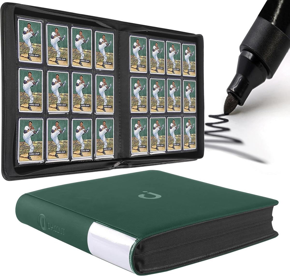 Premium Card Binder - 12 Pocket Design Fits 1200 Cards | 3X4 Ringless with Sleeves, Blackish Green