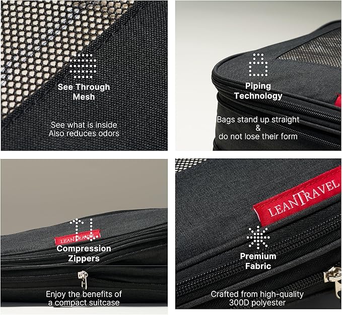 LeanTravel Compression Packing Cubes for Travel Organizers with Double Zipper (6-Pack (2L+2M+2S), Black)