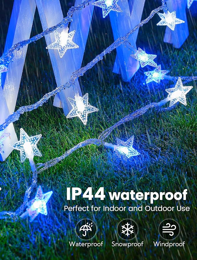 Star String Lights Plug in,33ft 100LED Fairy Lights with Remote, Hanging Star Decorations Lights Waterproof for Indoor Outdoor Bedroom Classroom Dorm Kids Tent Party Decor,Blue White